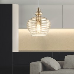 Lámpara de techo Colgante clásico, Serie Lumpur, soporte de techo metálico en acabado cuero, 1 luz E27, con cristal