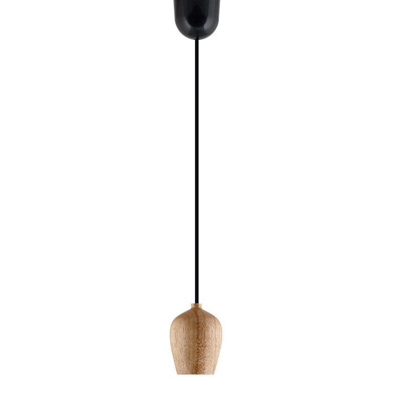 Lámpara de techo Colgante moderno, Serie Bellota, pendel de plástico negro, con elemento de madera natural, 1 luz, SIN BOMBILLA.