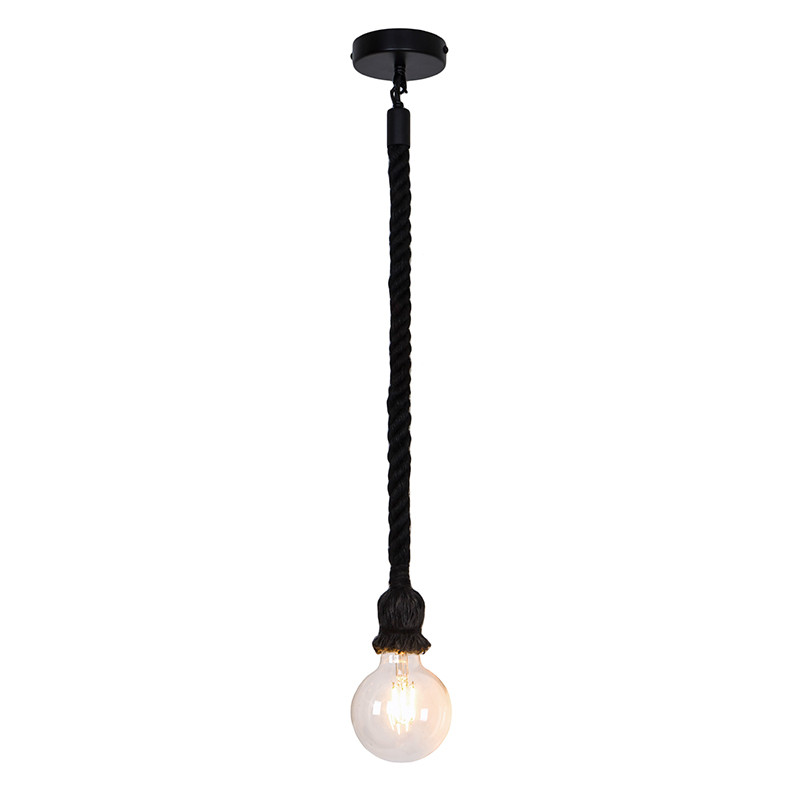 Lámpara de techo colgante, armazón metálico en acabado negro y cuerda natural en negro, 1 luz. Sin bombilla.