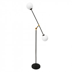 Lámpara Pie de Salón, armazón metálico en acabado negro, brazo articulado, 2 luces, con difusores de vidrio soplado