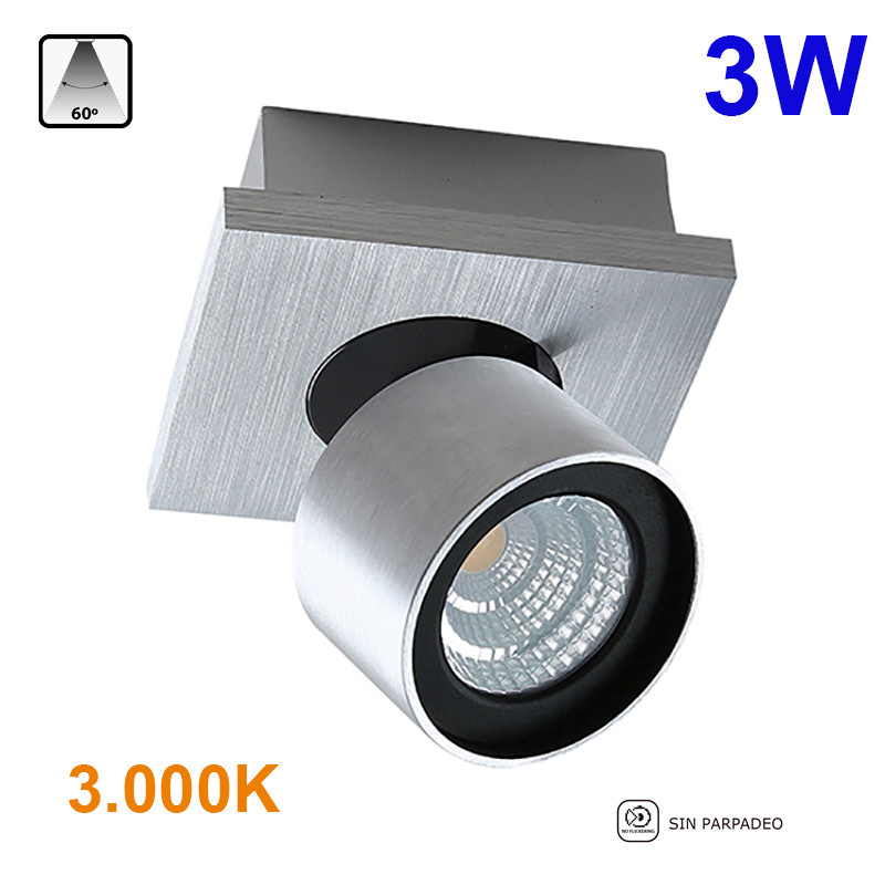 Foco de superficie LED, Serie LC258, armazón de aluminio en acabado alumino cepillado, 1 luz orientable 350º-90º. 3W