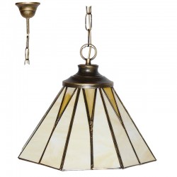 Lámpara de techo colgante, estilo granadino, armazón metálico en acabado oro viejo, 1 luz, con cristal opalina y transparente.
