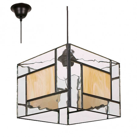 Lámpara de techo colgante, estilo granadino, cuadrado, con cristal opalina y transparente.