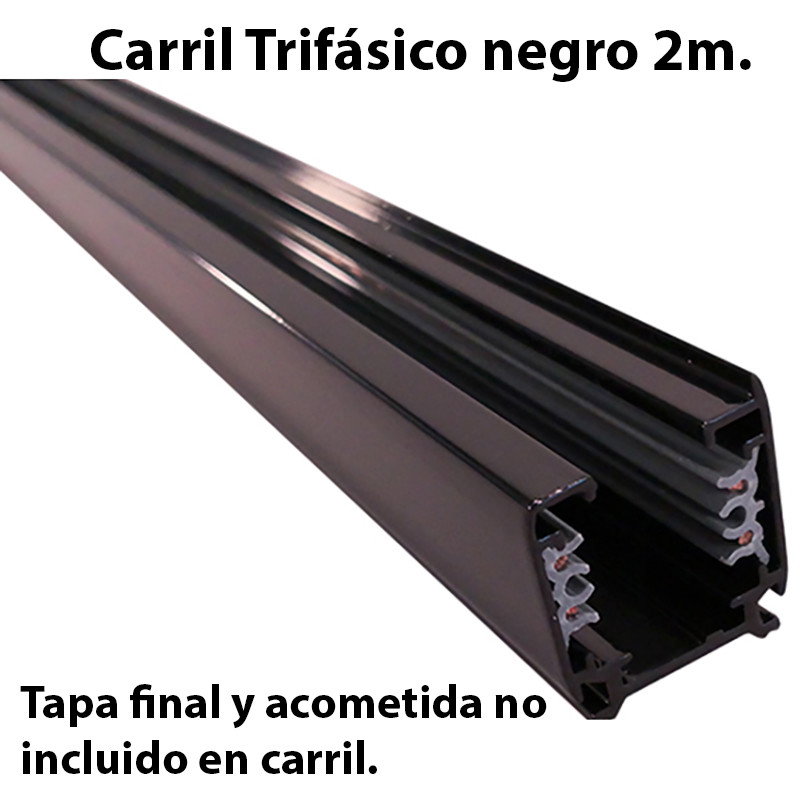 Carril trifásico, en acabado negro 2 metros. Tapa final y acometida no incluido en carril.