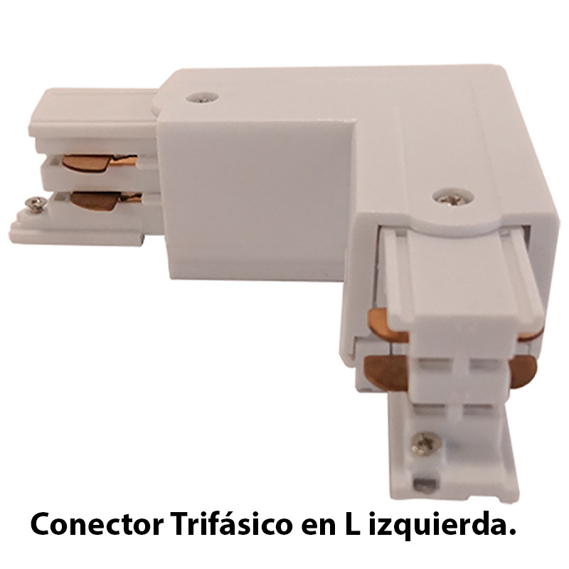 Conector Trifásico en L izquierda, en acabado blanco.