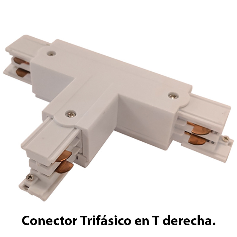 Conector Trifásico en T derecha, en acabado blanco.