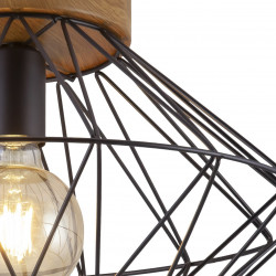Lámpara de techo plafón, Serie Antibes, armazón de madera, 1 luz, con pantalla metálica en acabado negro.