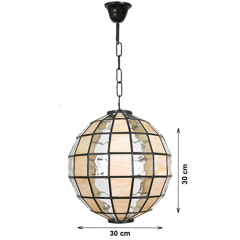 Lámpara de techo colgante, estilo granadino, en acabado marrón, con cristal opalina y gótico, tipo bola Ø 30 cm.