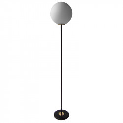 Lámpara Pie de Salón, armazón metálico en acabado negro con elementos de latón, 1 luz, con difusor en bola Ø 30 cm.