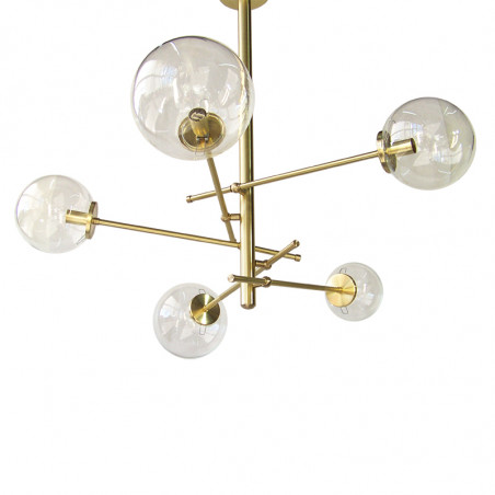 Lámpara de techo, fabricada en latón, 6 luces, con bolas de Ø 14 cm en cristal transparente.