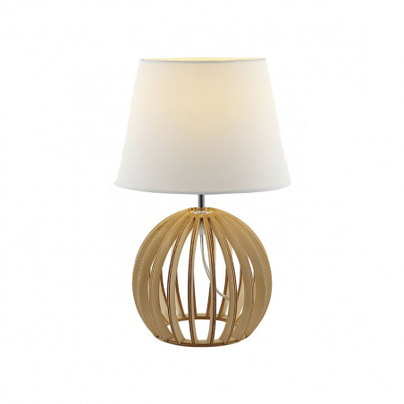 Lámpara de sobremesa, Serie Sereno, estructura de madera en color natural, 1 luz, con pantalla de tela en acabado blanco.