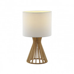 Lámpara de sobremesa, Serie Bartan, estructura de madera en acabado natural, 1 luz, con pantalla cilíndrica de tela.