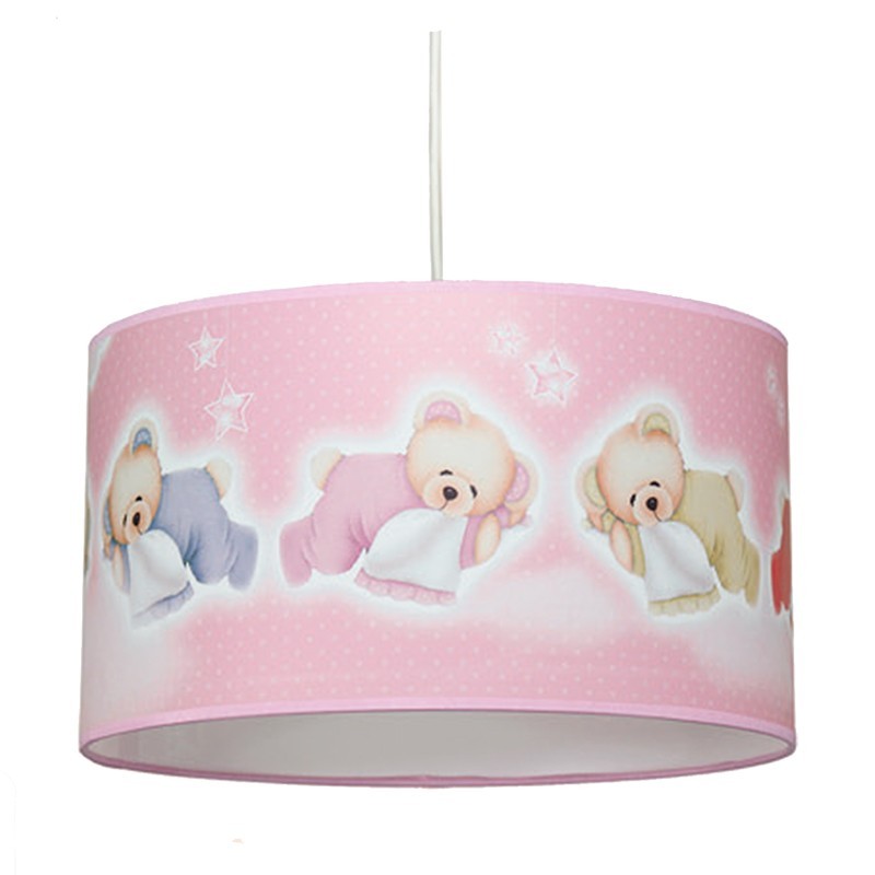 Lámpara de techo colgante, de pantalla cilíndrica, con motivos osos amorosos, en acabado rosa.