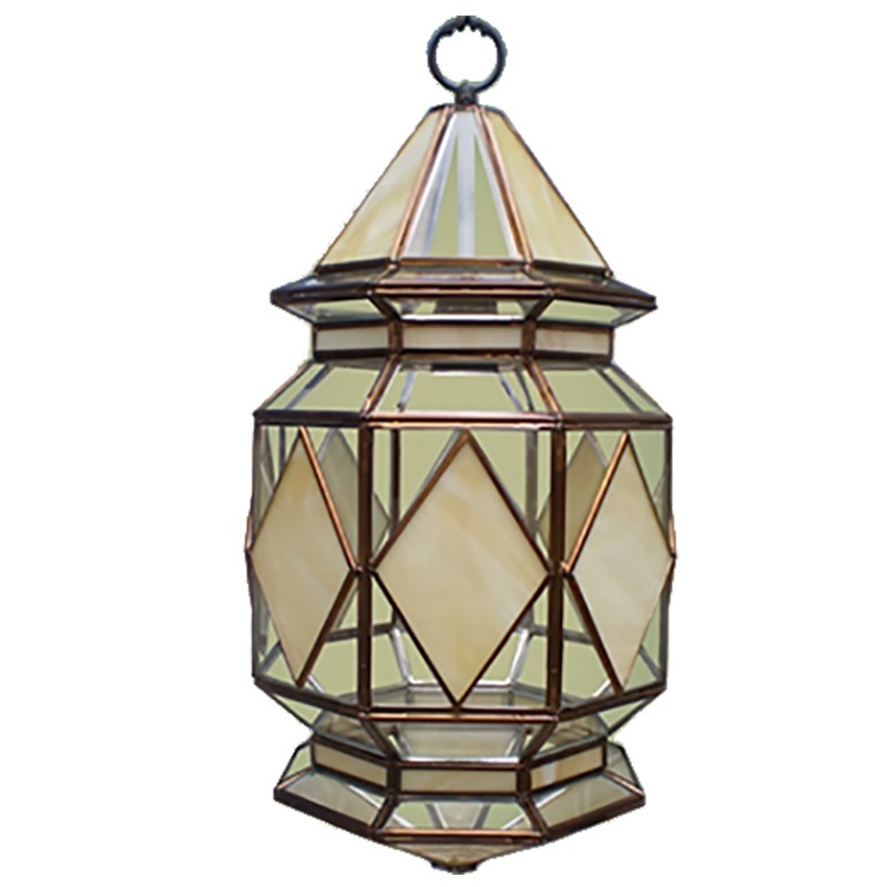 Lámpara de techo farol, estilo granadino, armazón metálico en acabado dorado, 1 luz, con cristal opalina.