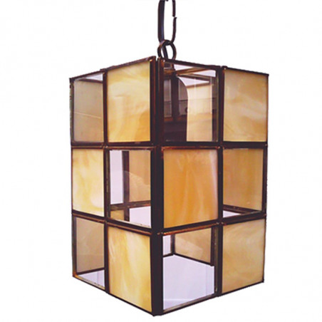 Lámpara de techo farol, estilo granadino, Serie Ajedrez, estructura metálica en acabado dorado, 1 luz, con cristal opalina.