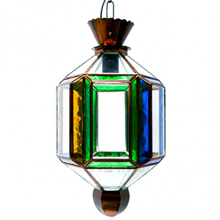 Lámpara de techo farol, estilo granadino, con cristales de colores, Serie Felipe II.