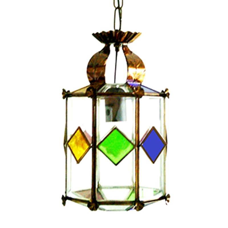 Lámpara de techo farol, estilo granadino, con cristales de colores. (Hecho a mano)