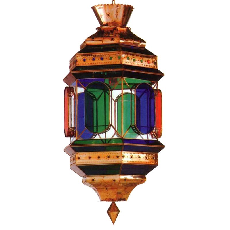 Lámpara de techo farol, estilo granadino, Serie Hispano Arabe, en acabado dorado, con cristales de colores.