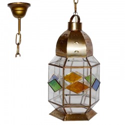 Lámpara de techo farol granadino en acabado dorado con cristal transparente y colores.