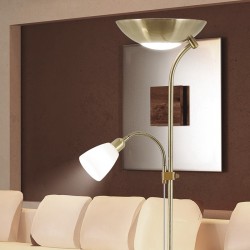 Lámpara Pie de Salón, Serie Remy, en acabado cuero, con tulipa de cristal en blanco, con doble interruptor.
