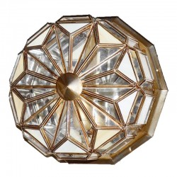 Lámpara de techo plafón granadino, en acabado dorado con cristal transparente y opalina.