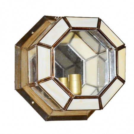 Lámpara de techo plafón granadino, armazón metálico en acabado dorado, 1 luz, con cristal transparente y opalina.