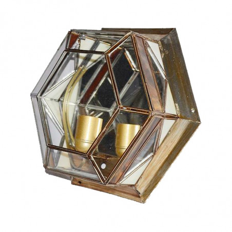 Lámpara de techo plafón, estilo granadino, armazón metálico en acabado dorado, 1 luz, con cristal opalina y transparente