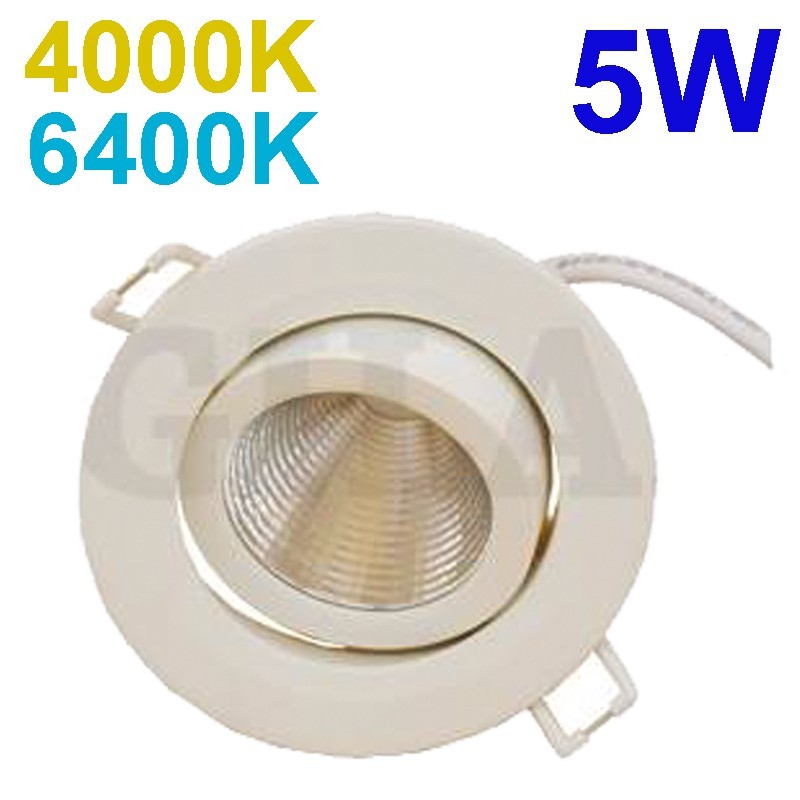 Aro empotrable Downlight LED orientable, estructura metálica en acabado blanco, iluminación LED integrada, 5W