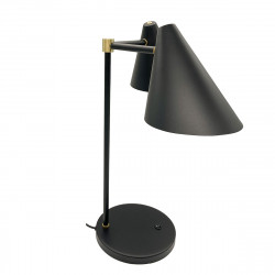 Lámpara de sobremesa, estilo retro, estructura metálica en acabado negro, con elementos de latón en acabado satinado, 2 luces.