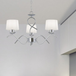 Lámpara de techo clásica, Serie Gloria, estructura metálica en acabado cromo brillo, 3 luces E14, con pantallas de tela