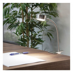 Lámpara flexo moderno LED de Pinza, Serie Tirspo, estructura metálica en acabado níquel satinado, iluminación LED integrada, 5W