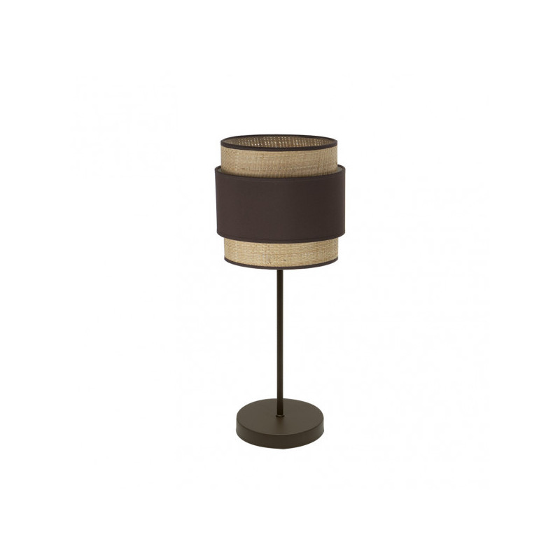 Lámpara de Sobremesa moderno, Serie Kandy Bajo Marrón, estructura metálica en acabado marrón, 1 luz E14, con pantalla