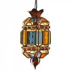 Lámpara Farol Granadino, Serie Alhambra, estructura metálica en acabado dorado, 1 luz E27, cristales transparentes y color.
