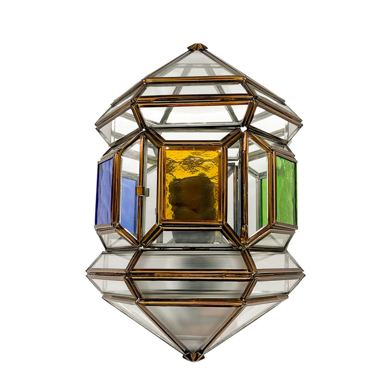 Aplique de pared granadino, estructura metálica en acabado dorado, con cristales transparentes y color, 1 luz E27.