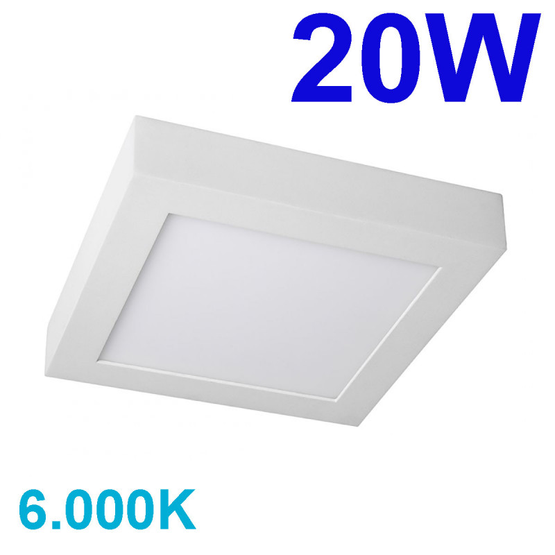 Plafón Downlight LED superficie, Serie Slim Cuadrado, estructura metálica en acabado blanco, iluminación LED integrada, 20W