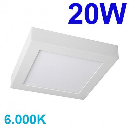 Plafón Downlight LED superficie, Serie Slim Cuadrado, estructura metálica en acabado blanco, iluminación LED integrada, 20W