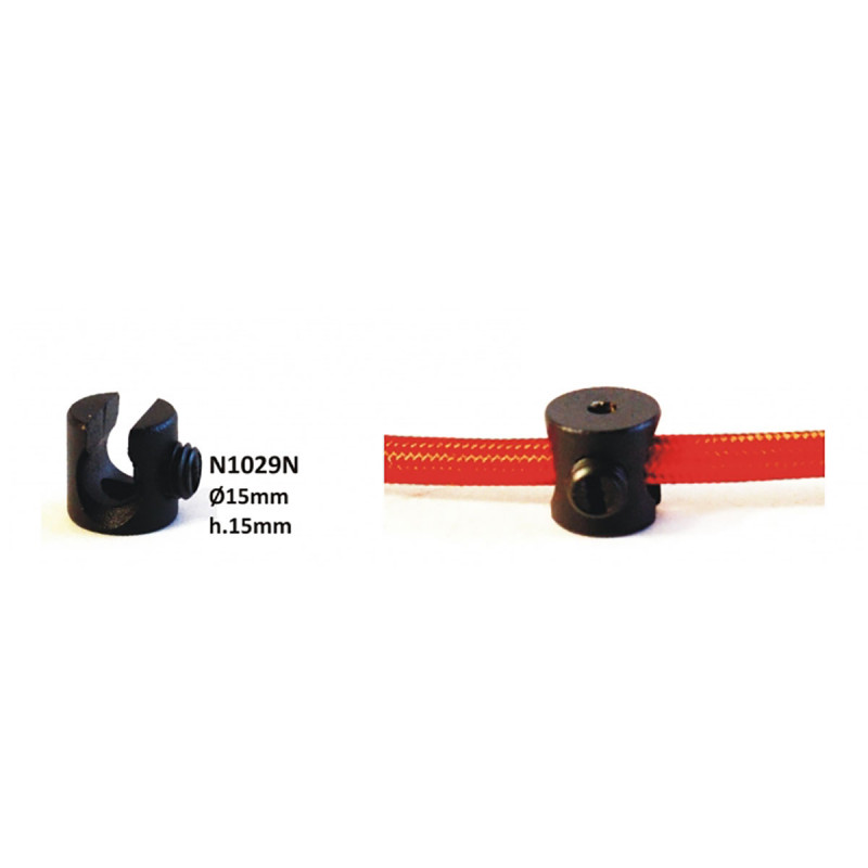 Sujetacables, para cables textiles, Ø 15 mm, altura 15 mm. Metálico en acabado negro, con tornillo de plástico.