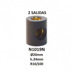 Taco cilíndrico de latón, en acabado negro, 2 salidas 90º, 24x20 mm R10/100.