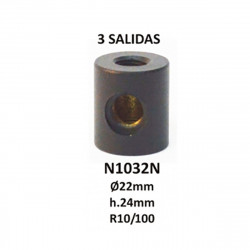 Taco cilíndrico de latón, en acabado negro, 3 salidas T, 24x22 mm R10/100.