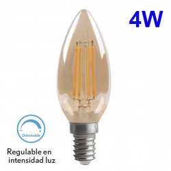 Bombilla LED C35 E14 vela de filamentos, en cristal ámbar, 4W 380 lúmenes 2.700K, 360º de apertura. Regulable / Dimmable.