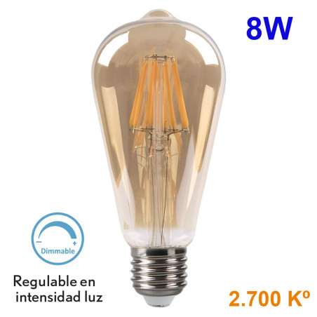 Bombilla LED de filamentos E27 ST64, Pebetero, 8W 750lm 2.700K, 360º de apertura, cristal ámbar. Regulable / Dimmable.