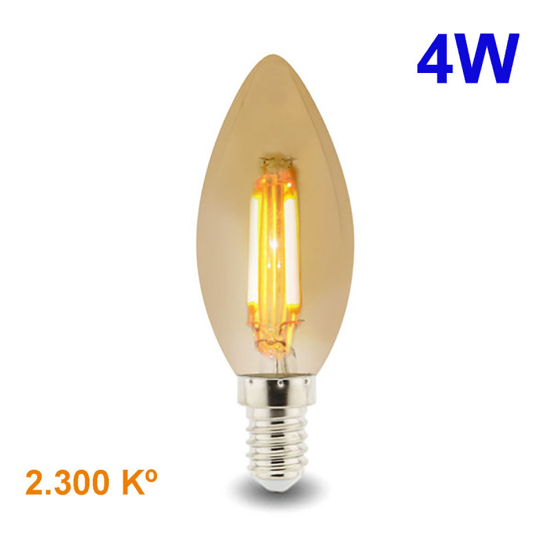 Bombilla LED C35 E14 de Filamentos, de cristal ámbar, 4W 350 lúmenes 2.300 Kº, 360º de apertura. IP20. Vida útil 30.000 horas.