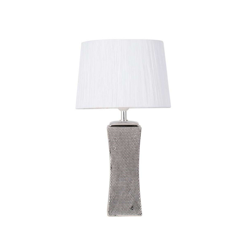 Lámpara de Sobremesa Moderno, Serie Palo Santo, de cerámica tallada de acabado en Plata Brillo, 1 luz E27, con pantalla plisada