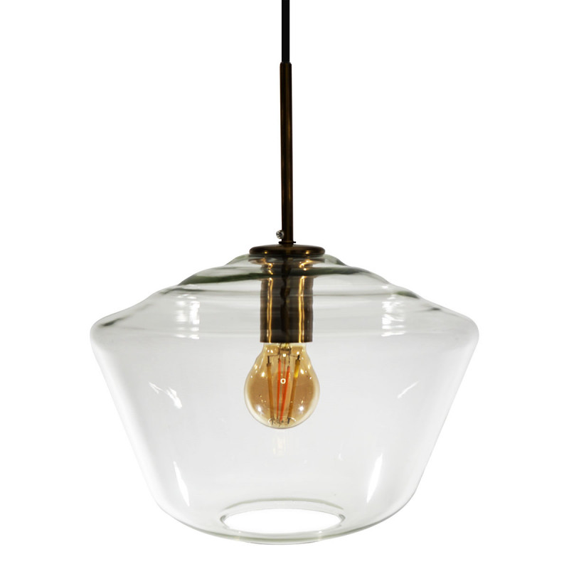 Lámpara de techo colgante, Serie Astrid, con pantalla de vidrio y portalámparas semirrígido en acabado bronce.