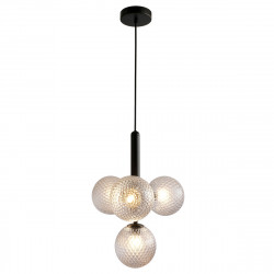Lámpara de techo vintage, Serie Musa, de 4 bolas de vidrio transparente texturizado y acabado negro arenado.