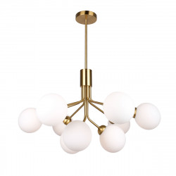 Lámpara de techo vintage, Serie Musa, de 9 bolas de vidrio blanco y acabado bronce.
