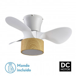 Lámpara de techo Ventilador DC, Serie Kos, realizado en metal, ABS y policarbonato, en color Blanco y Haya con tres aspas.