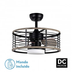 Ventilador de techo con luz, motor DC, Serie Pella, realizado en metal, MDF y cristal, en color negro/madera.