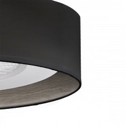 Ventilador de techo con luz, serie Tania 1, de color negro y Madera gris en el interior de su pantalla.