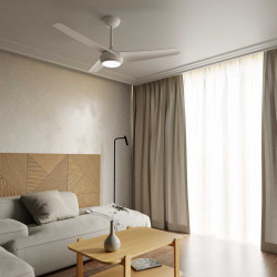 Ventilador de techo con luz, Serie ROBB, es un ventilador de techo con acabado en blanco y luz led CCT dimable.